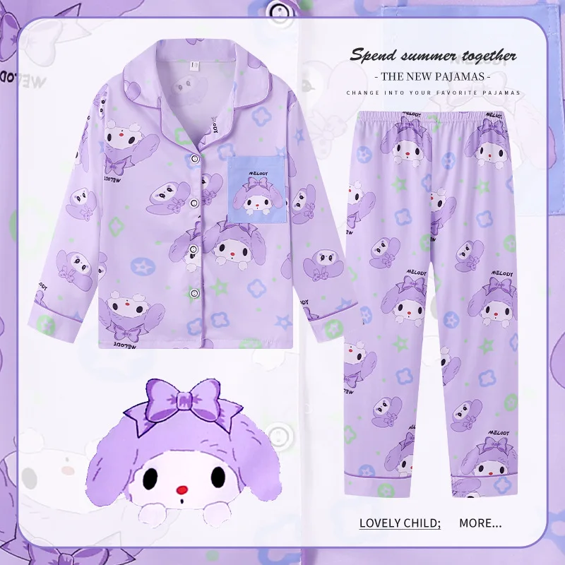 

Kawaii Hello Kitty Kuromi My Melody Children's Long-Sleeved Cotton Pajamas Set Anime Sanrio Girly Heart Cute Girls Home Clothes