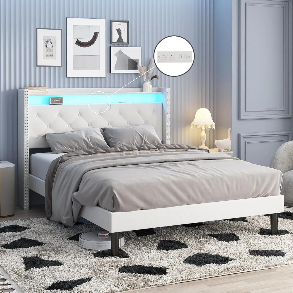 

Queen Size Bed Frame with LED Headboard, Velvet Upholstered Platform Bed Frame with Lights and Charging Station, Wingbac