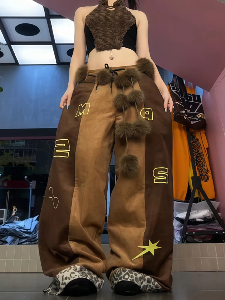 

Коричневые повседневные брюки в стиле ретро с леопардовым принтом, женские осенне-зимние свободные танцевальные брюки с плюшевой вышивкой и уличной индивидуальностью