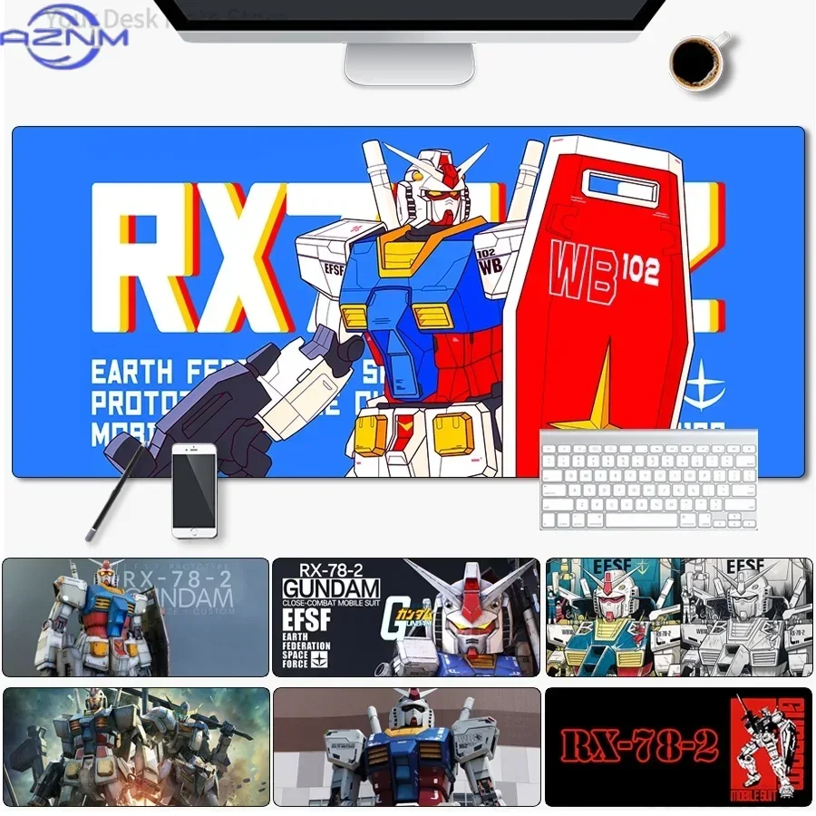 Anime White Blue Red Mecha Robot Large Mousepad, Rubber Base Extended Desk Mat, Non Slip Stitched Edge Pad for Gaming and Office