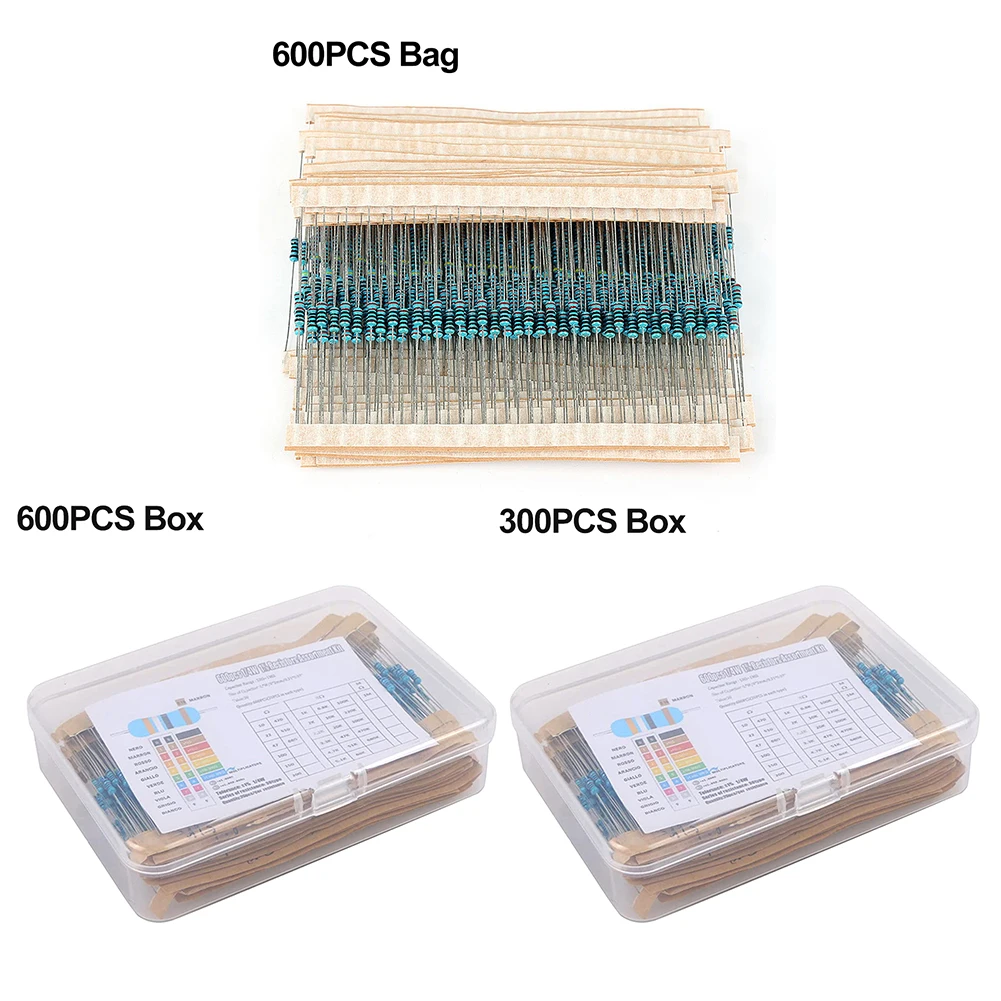 300/600pcs Metal Film Resistor Pack Assorted Kit 10R-1M Resistance Metal Film Resistance Assortment Kit 1/4W