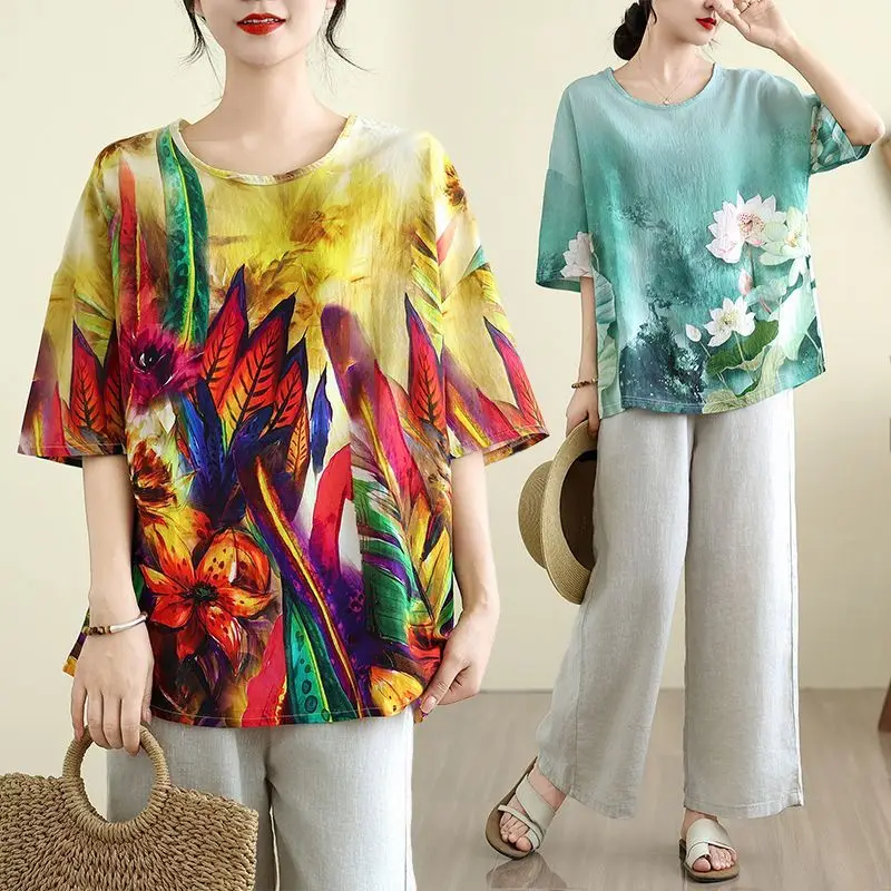 

Cotton and Linen Large Size Women's Clothing Summer Thin Loose Fashion Digital Positioning Printing Crew Neck T-shirt Top Plus
