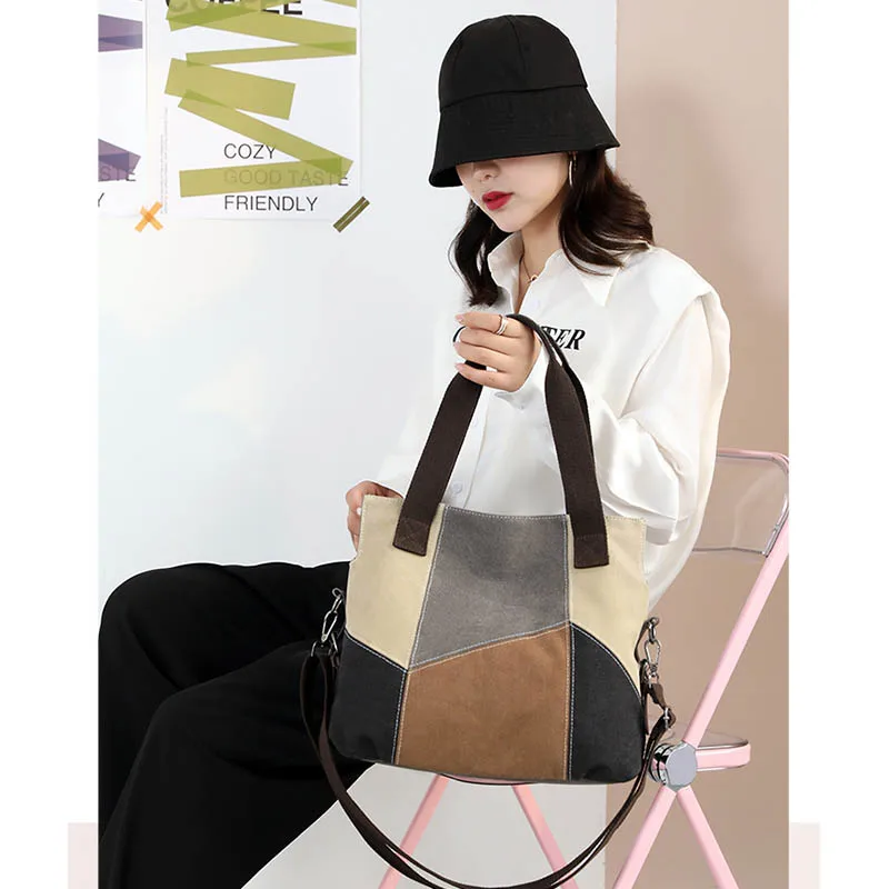 قماش ريترو سعة كبيرة للجنسين المرقعة نمط المرأة Crossbody حقيبة ساعي حقائب رسالة الكتف المتسوق المحفظة #3