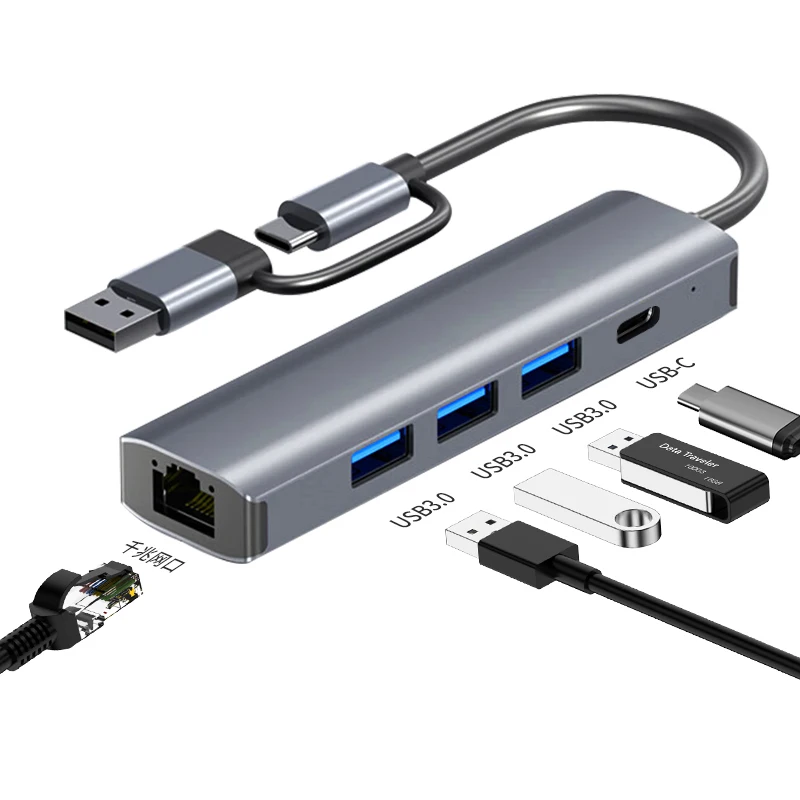 

USB C-концентратор USB-C Многопортовый адаптер USB-A Тип C USB 3.0 Передача данных Гигабитный проводной сетевой адаптер 1000 Мбит/с RJ45 Станция 5 в 1