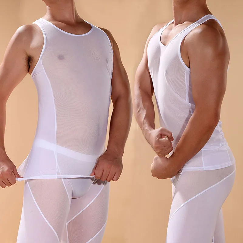 

CLEVER-MENMODE Sexy Men Tank Tops Transparent Mesh Sleepwear See Through Nightwear Sleeveless Tops Tees Sexy Underwear Vest