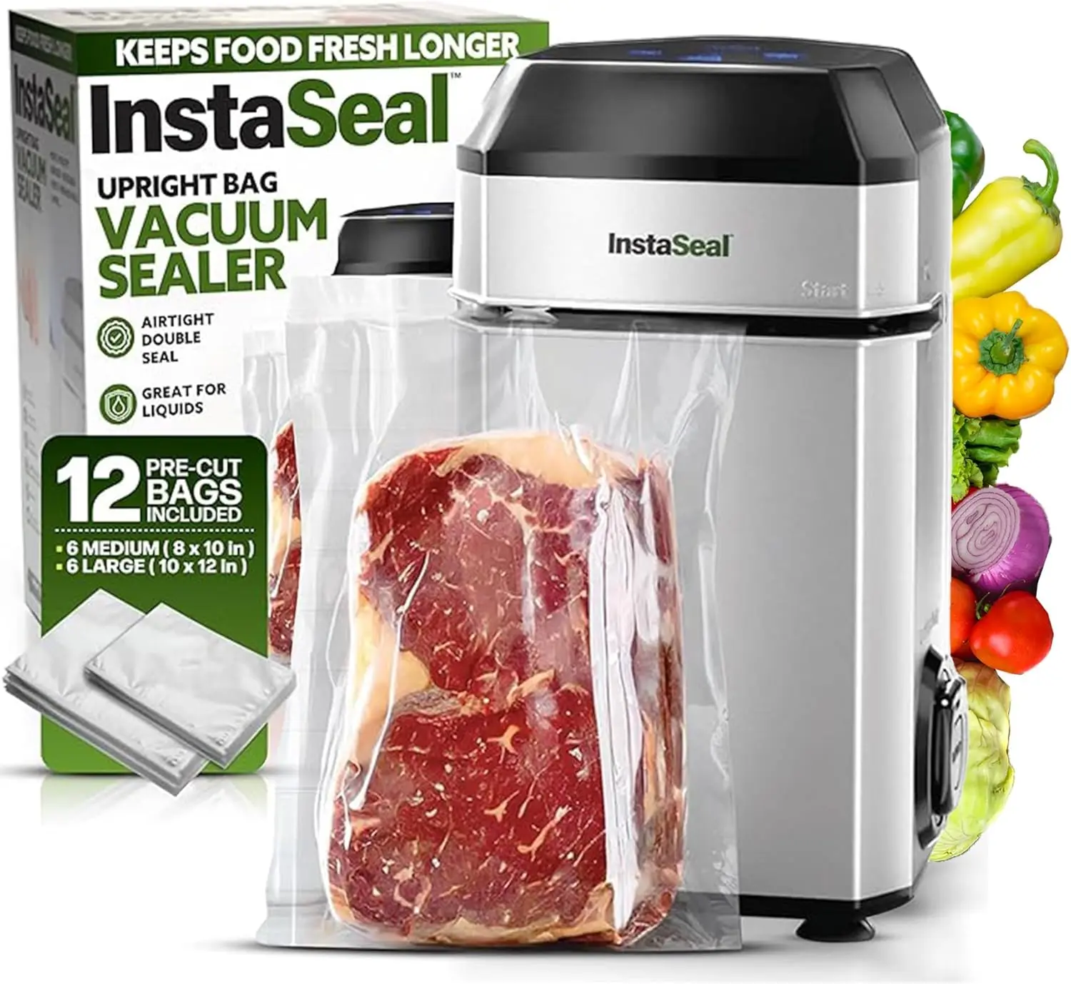 

Compact Vacuum Sealer for Food with 12 Bags, Preserves Food 5x Longer, Space-Saving Design for Marinades, Meats, and Vegetables