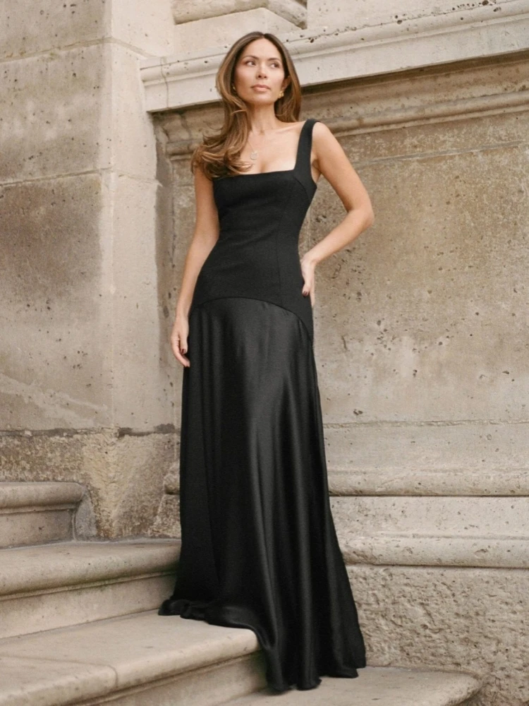 

Элегантное вечернее платье А-силуэта без рукавов с квадратным вырезом, атласными вставками и бретелями, черное/красное, для женщин, для вечеринок и торжественных мероприятий