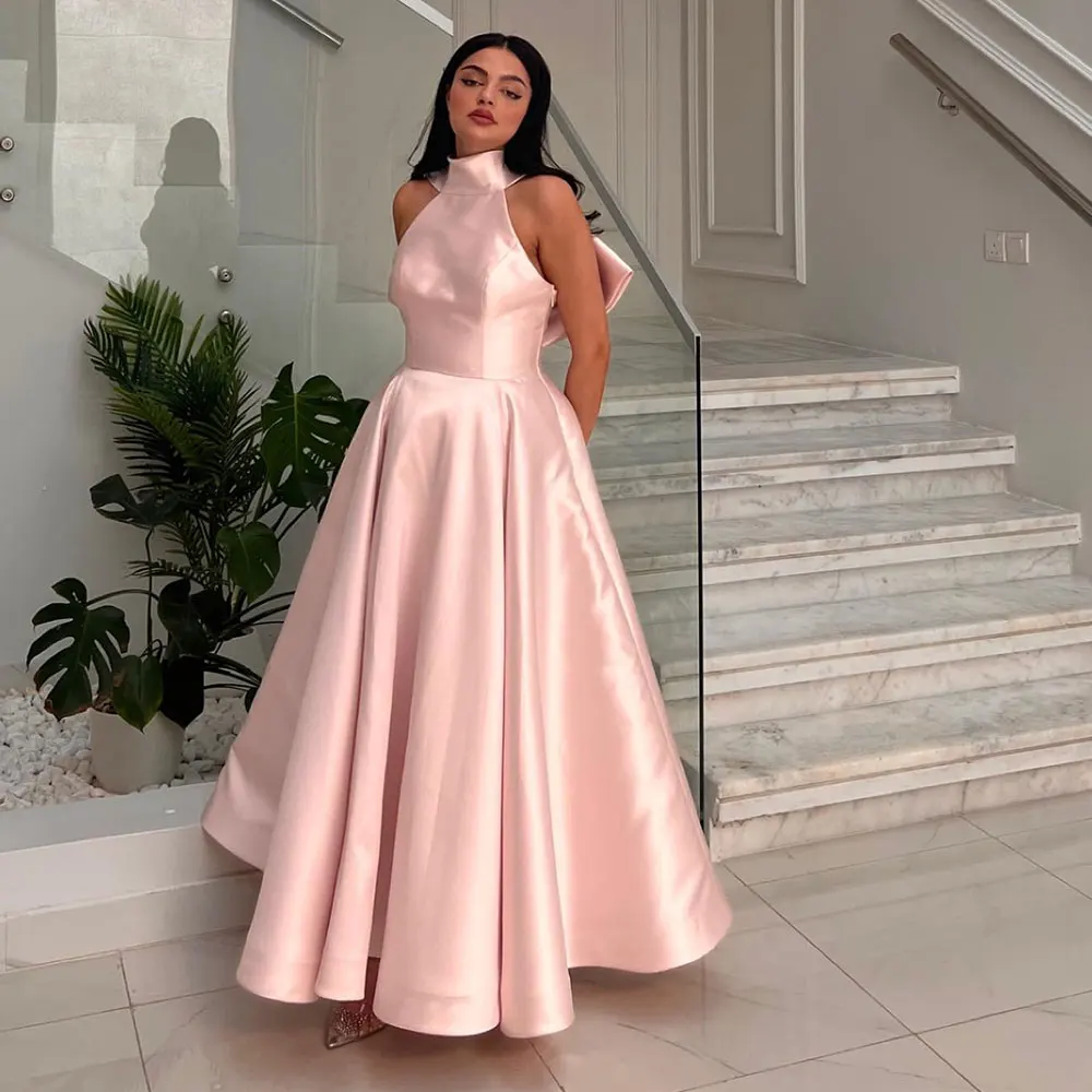 

Simple A-Line Party Gown High Neck Sleeveless Pleated Saudi Arabian Women Ankle-Length Back Bow Vestidos Para Eventos Especiales