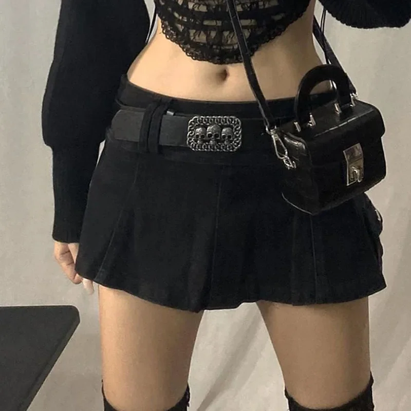 Neue Sommer frauen Gothic Mini Rock mit Niedriger Taille Schwarz Tasche Patch A-linie Rock Ästhetischen Harajuku Enge Hosen Outdoor kleid