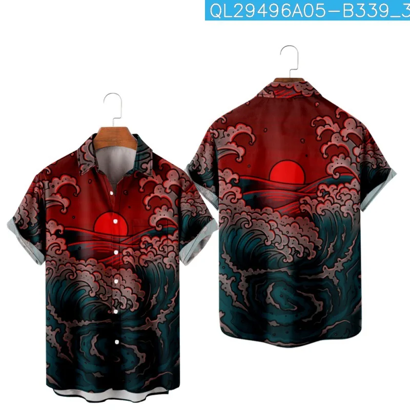 

Wave Red Sun Printed Casual Men's Blouse Holiday Party Wear Summer Short Sleeve Shirt Beach Shorts Streetwear