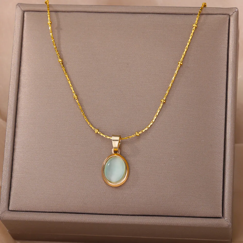 Fashion Stone Opal Oval Necklace For Women Stainless Steel Gold Color Oval Stone Pendant Necklace Wedding Aesthetic Jewelry Gift