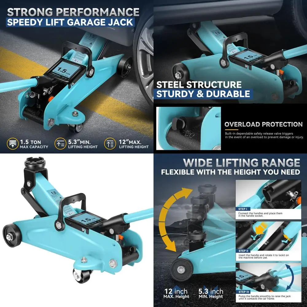 

1.5 Ton Capacity Steel Hydraulic Car Lift with Single Piston Pump, 5.3 to 12 Lifting Range, Sky Blue