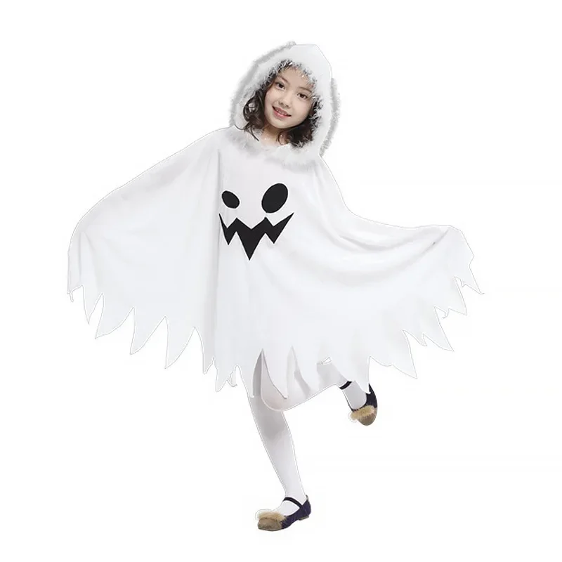 Halloween Cloak Cloak Children\'s White Ghost Print Cosplay Dress Up Cross-Border Hot Selling Elf Costume Halloweenfor Women