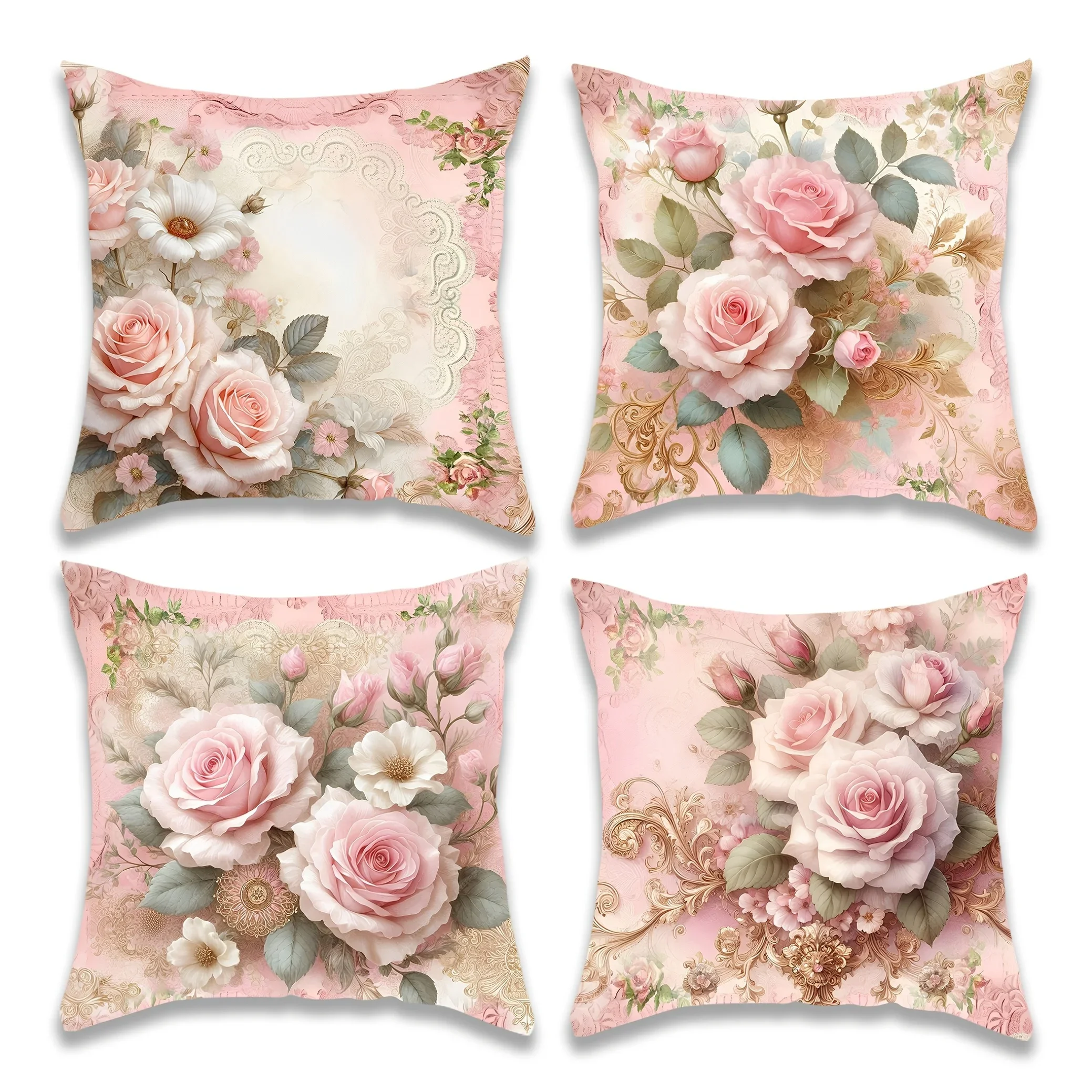 Four-Piece Floral Pattern Throw Pillow Covers Set - Romantic Roses and Peonies for Bedroom Decor