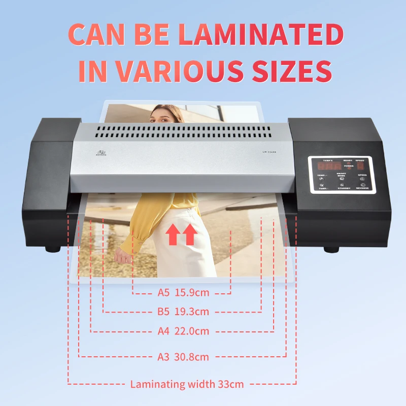 Factory LM-33298 Photo Laminating Machine Hot Cold Pouch Film 8 Roll Adjust Speed for A3 A4 A5 A6 Paper Sizes