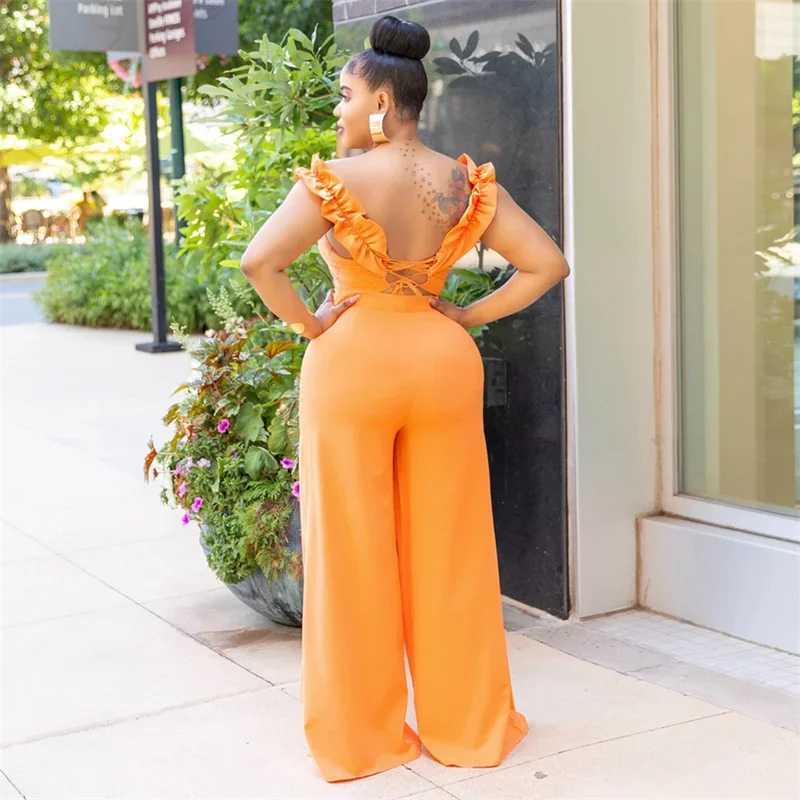 Off The Shoulder Ruffles Women Sexy Wide Leg Jumpsuits 2024 Summer Backless Lace Up Loose Elegant Party Jumpsuit Ladies Rompers