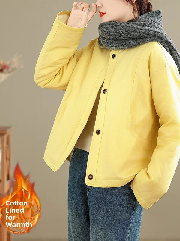 

Thiened Cotton Jaet Women's Retro Dstring round Ne Warm Coat Artistic Sle Commute Loose Fit Long Sve Color