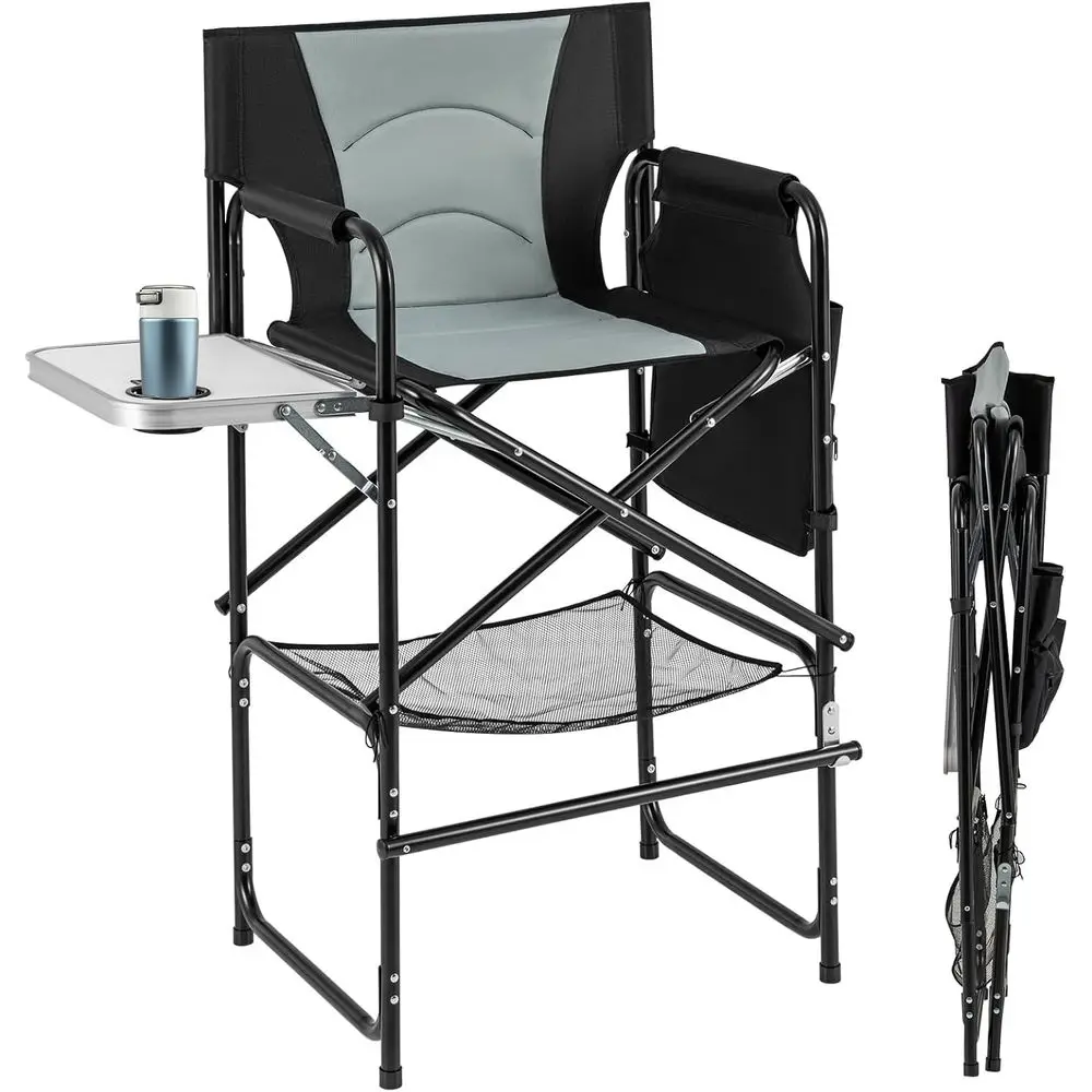 

Adjustable Makeup Artist Chair with Side Table, Footrest, Cup Holder, Storage Bag, Suitable for Camping and Yard, Black/Gray