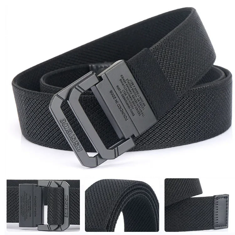 95-120cm Double Ring Elastic Belt for Men Alloy Metal Buckle Casual Belt Outdoor Jeans Belt Stretch Waistband Gift Adjustable