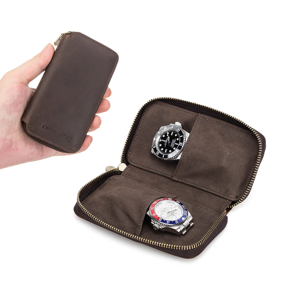 CONTACT\'S FAMILY Premium Vintage Watch Pouch Storage Case 2 Slots Portable Travel Watch Genuine Leather Pouch Bag for Gift