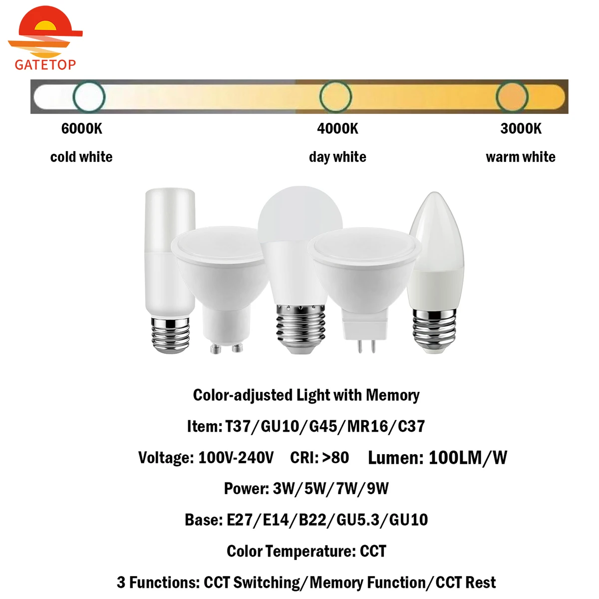 10 pezzi nuova luce intelligente a LED 3 colori-regolata con memoria 3-9W 100-240V GU10/MR16/C37/T37/G45 senza stroboscopio 3 funzioni per l'home Office