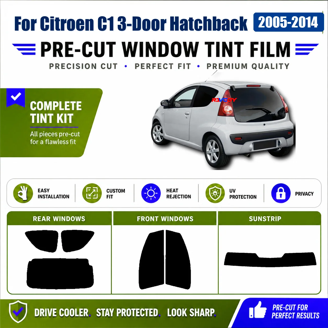 For Citroen C1 3-Door Hatchback 2005-2014 Premium Front Window Rear Window Privacy Tint Film DIY Install Kit