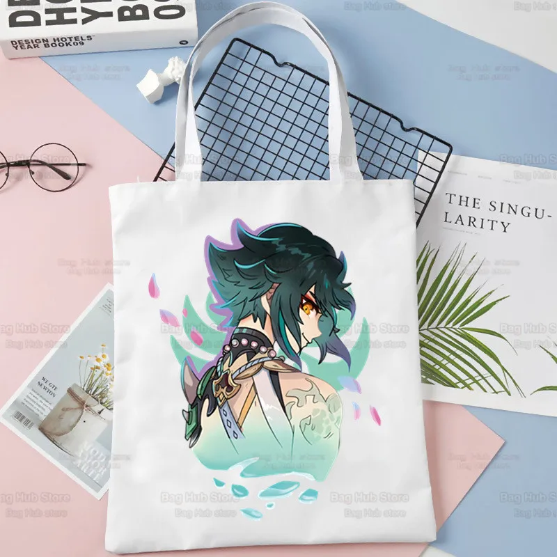 Genshin Impact Xiao Anime Game Shopping Bag, Bolsa de mercearia, Tote de juta, Tecido personalizado Tote