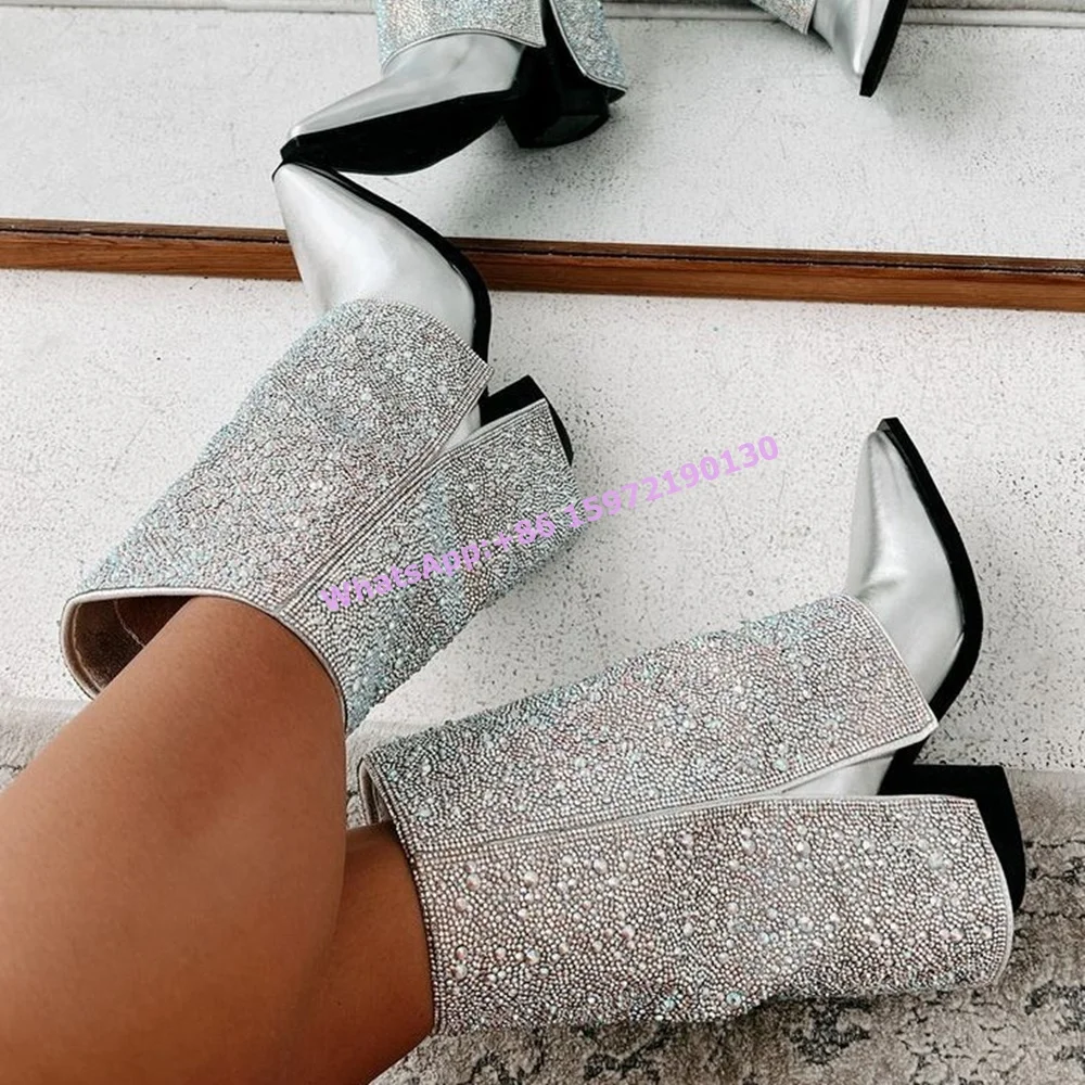 Rhinestone Turn Over Edges Boots Pointy Toe Square Heels Side Zipper Bling Crystal Ankle Boots Luxury Party Silvery Shoes 2025