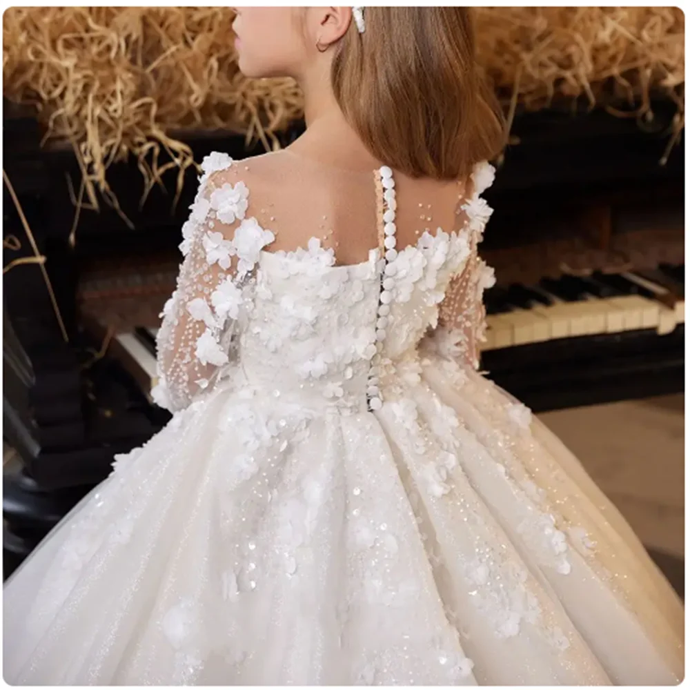 Luxo 3D White Flower Girl Dress, elegante vestido de princesa para crianças, festa de aniversário para casamento, primeira comunhão