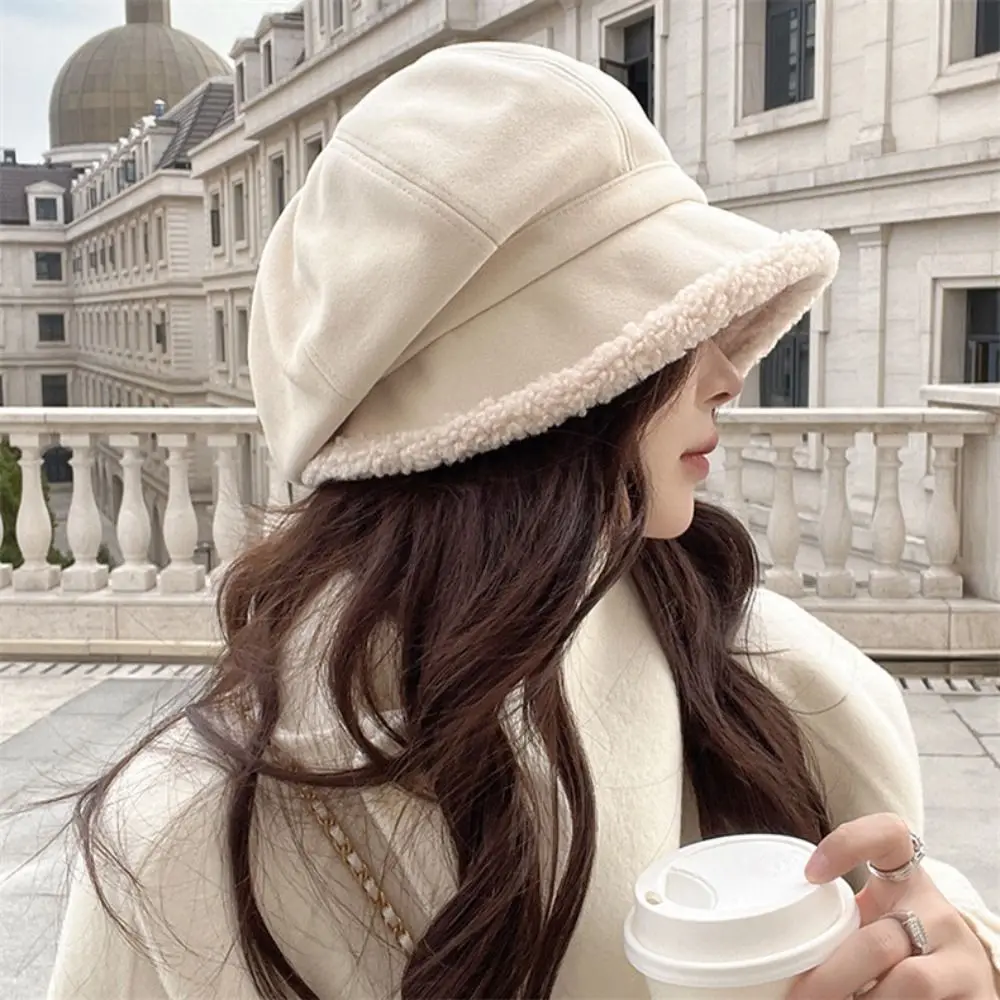 Elegant Wide Brim Suede Bucket Hat Windproof Outdoor Warm Painter Hat Plus Lamb Hair Fisherman Cap Spring Autumn Winter