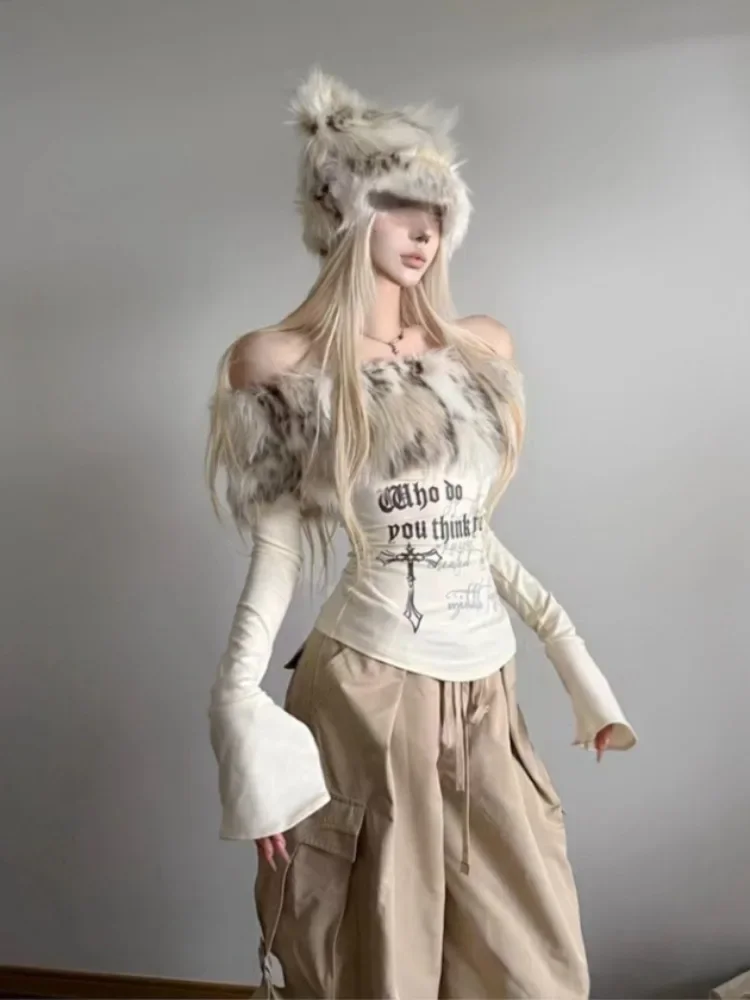 Vintage Y2k Fur Collar T Shirt Women 2000s Aesthetics Off Shoulder Tops Japanese Harajuku Letter Print Long Sleeve T-shirt New