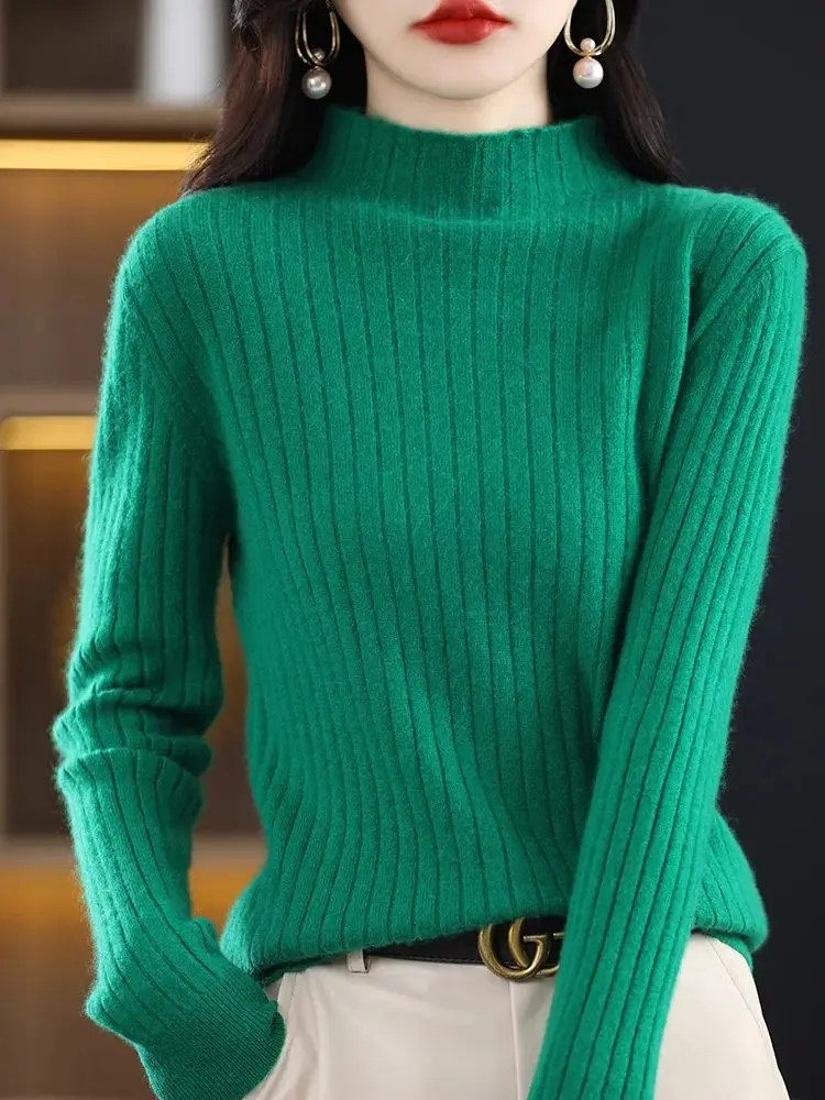 Women Fine Wool Sweater Half-high Collar Vertical Pit Strip Pullover Autumn Winter Cashmere Bottoming Knitwear Long Sleeve Tops