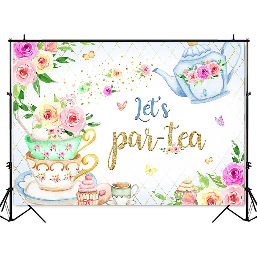 Fondo de fiesta de cumpleaños de té de Let's Partea, Fondo de foto de flores rosas, decoración de fiesta de cumpleaños de princesa para niños recién nacidos