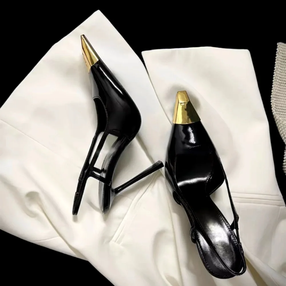 Designer Women's High-heeled Sandals Summer New Metal square Head Patent Leather Black Stiletto Pumps Sexy Party SlingBack Shoes