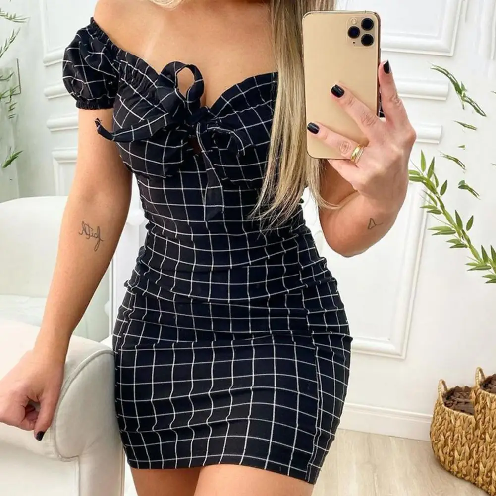 Korean Fashion Plaid Print Lace Up Mini Dress Summer Dress Sexy Package Buttocks Short Skirt Of Cross Border Grid Print Dress