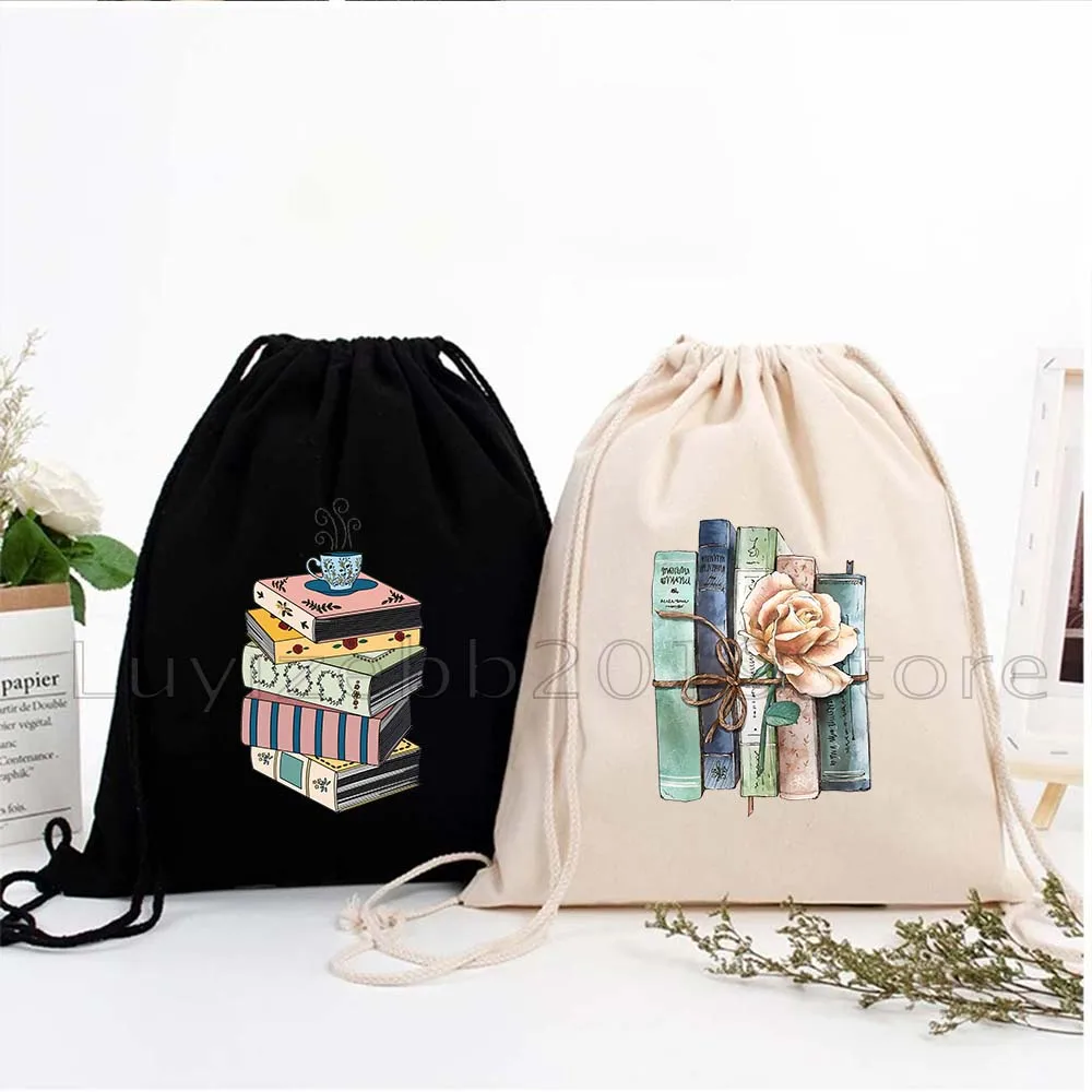 Aesthetic Floral Books Lover Bookish Flowers Coffee Reading Bookstack Canvas Drawstring Bags Soccer Backpack Sackpack String Bag