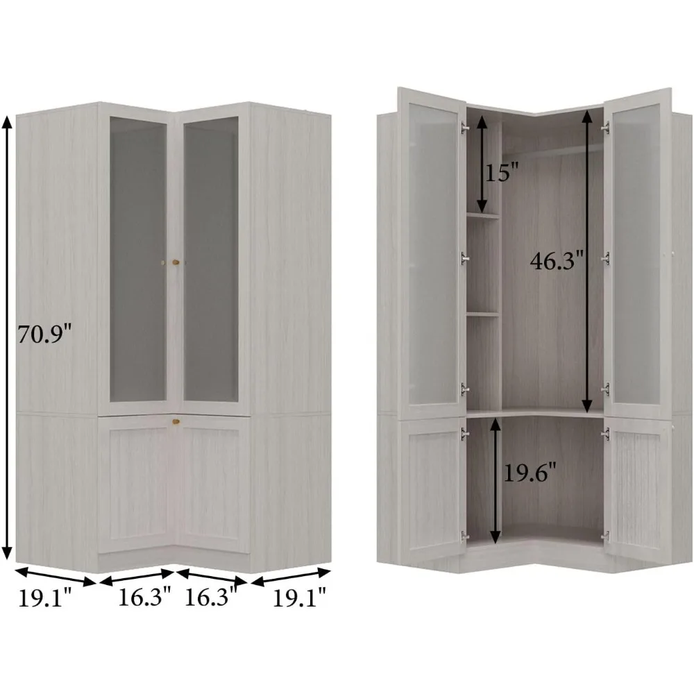 Corner Wardrobe Closet with 2 Acrylic Doors, with Hanging Rod, for Bedroom Wood Grain, Armoire Wardrobe Closet