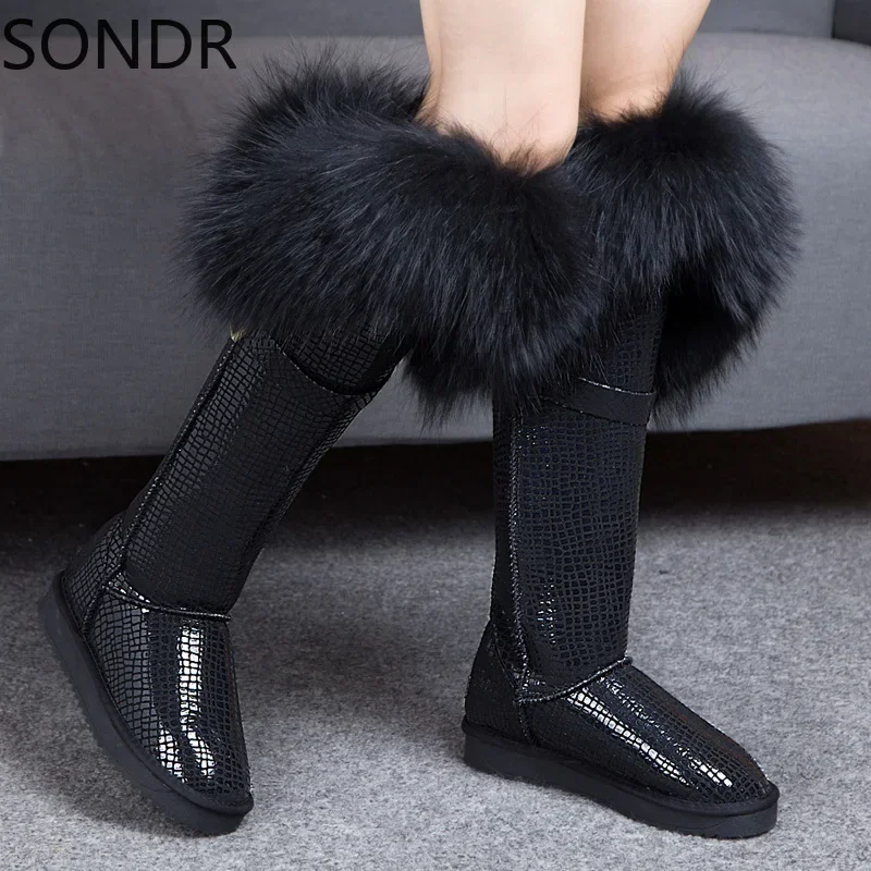 Womens Winter Snow Warm Fur Lining Real Fox Fur Trim Real Leather Knee High Boots Thick 12Colors Flats Shoes Australia New 2024