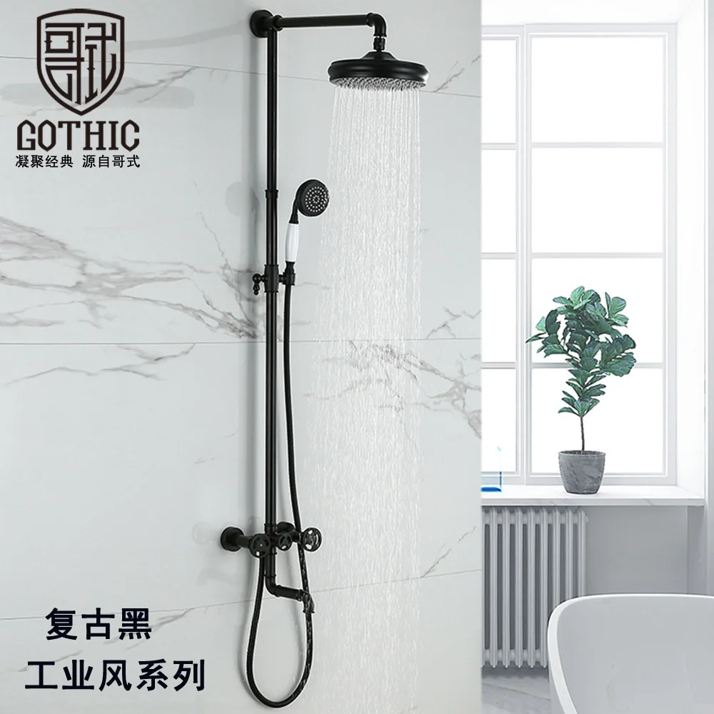 

Gothic Industrial Air Brass Black Shower Set Surface Mounted Cold & Hot Water Mxier Tap Three Function Concealed Shower Faucet