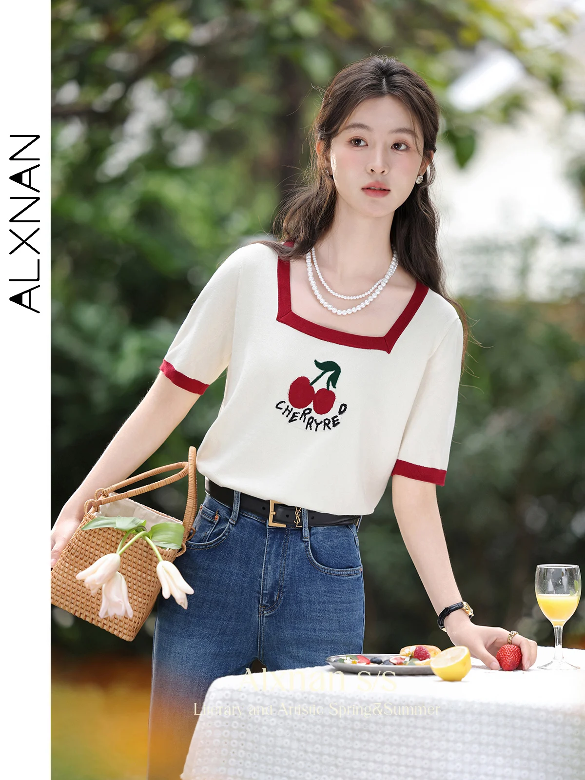 ALXNAN Cherry Ice Silk Knitted T-shirt Women 2024 Thin Short Sleeve Square Collar Summer Tops Knitwear Womans Clothes L35023