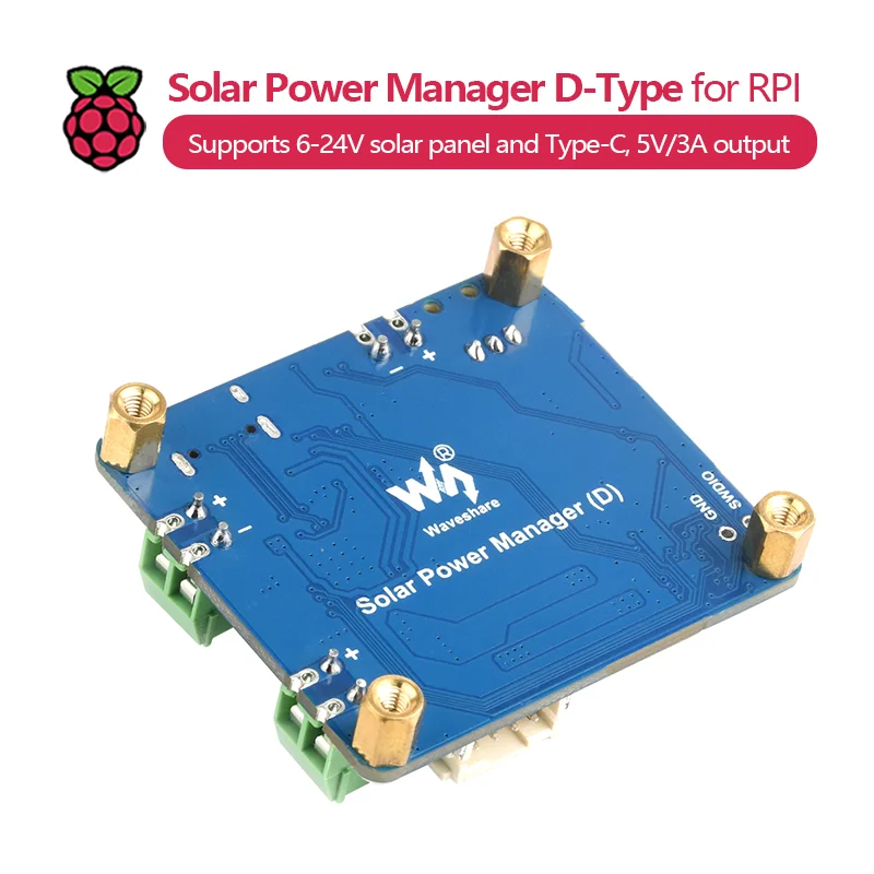 Solar Power Manager tipo D, admite panel solar de 6-24 V y tipo C, salida de 5 V/3 A, sin batería, para Raspberry Pi/Arduino.