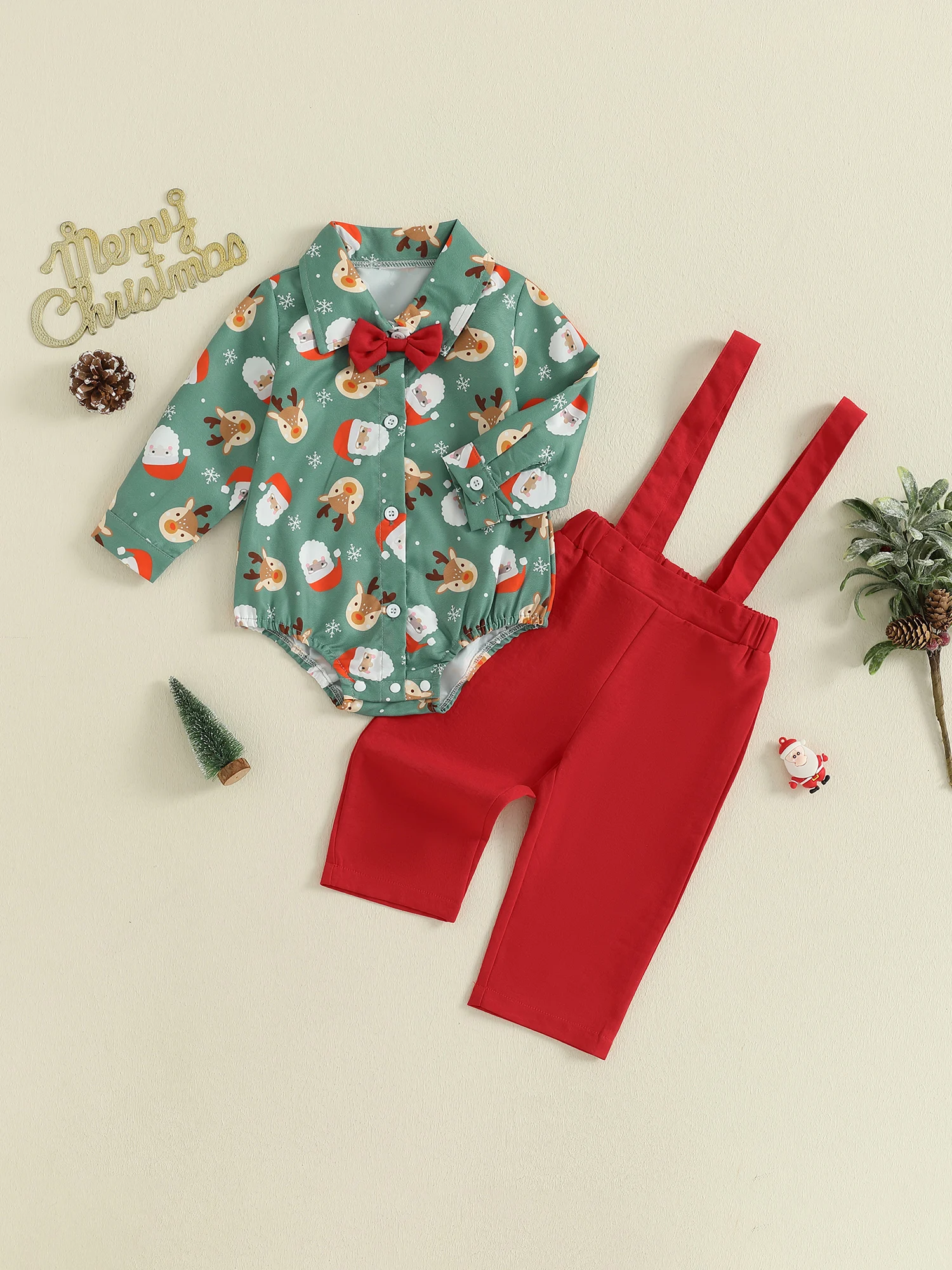 

Adorable Christmas Toddler Boy 2 Piece Set with Festive Santa and Reindeer Print Long Sleeve Jumpsuit and Red Overalls