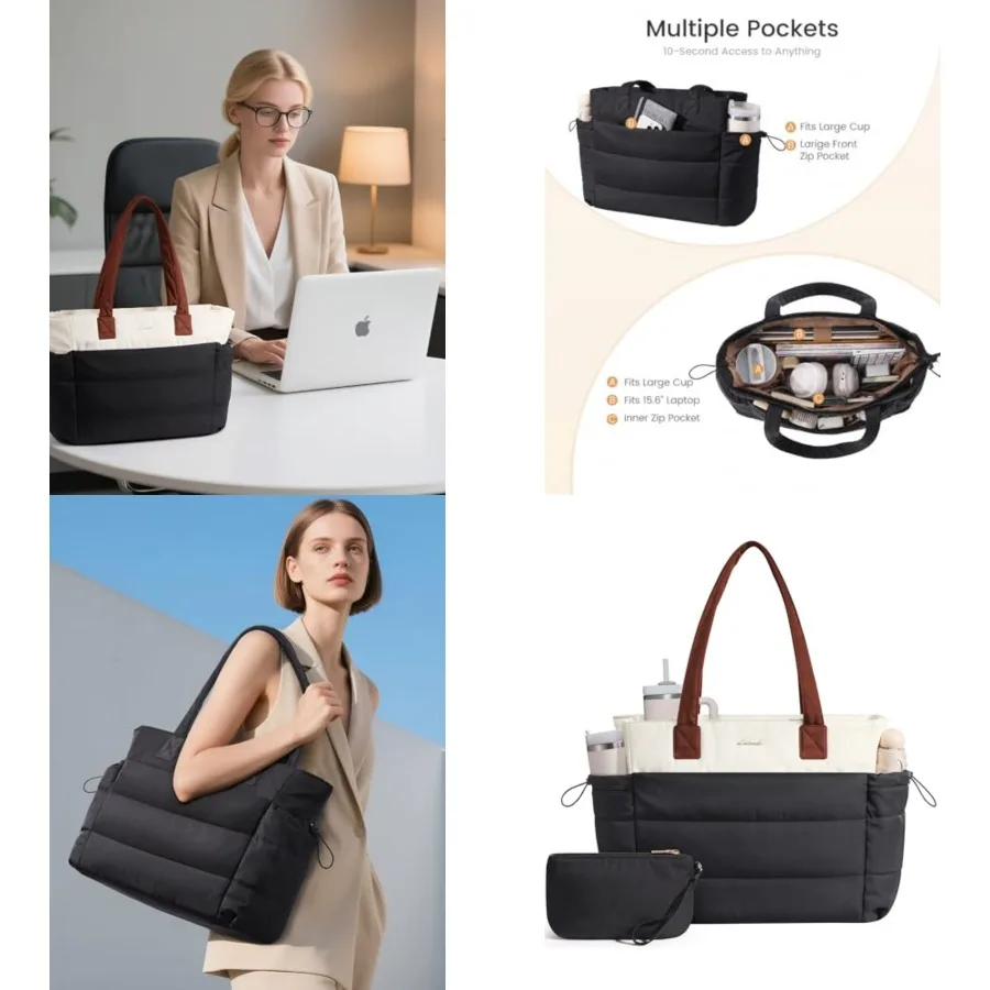 

LOVEVOOK Tote Bag for Women with Giant Tumbler Holder Pocket, Puffer Work Travel Laptop Handbag with Zipper for Nurse Teacher