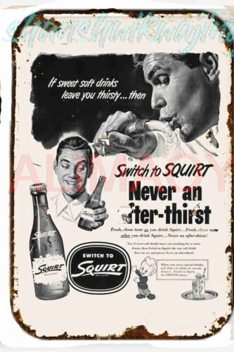 Squirt Soda, el mejor sabor, anuncio clásico de mediados de siglo, letrero de estaño de comida Retro