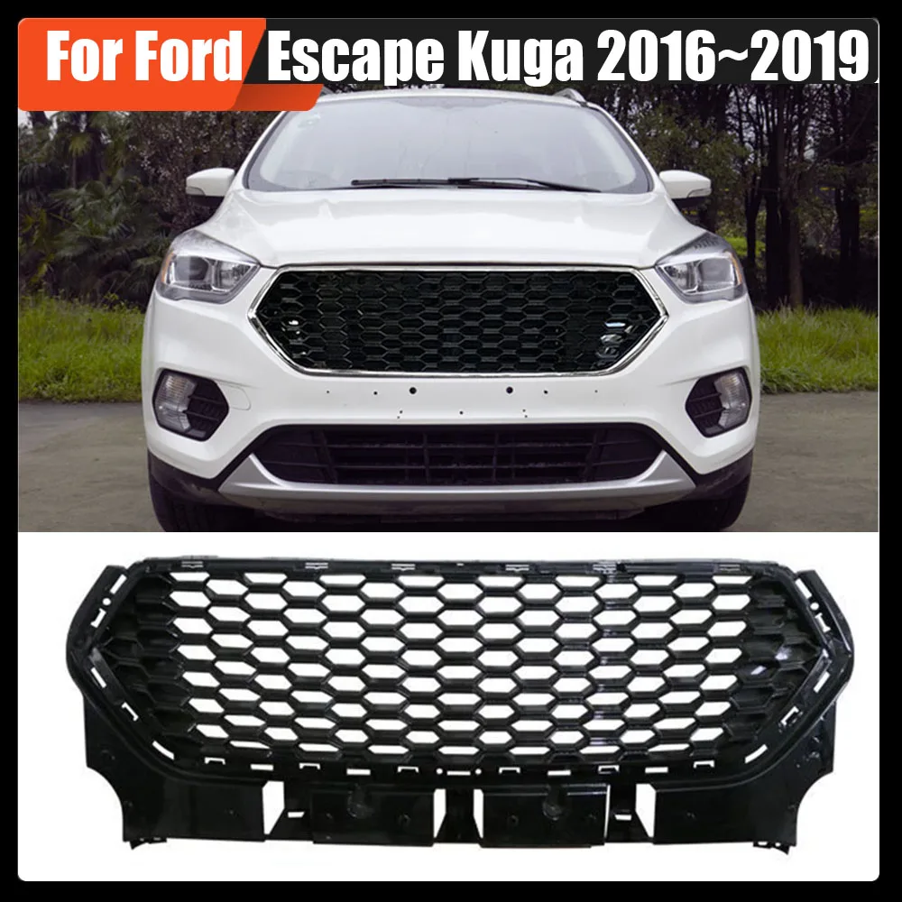 

For Ford Escape Kuga 2016~2019 Glossy Black Honeycomb Grille ABS Front Bumper Mask Mesh Racing Grills Upper Grid