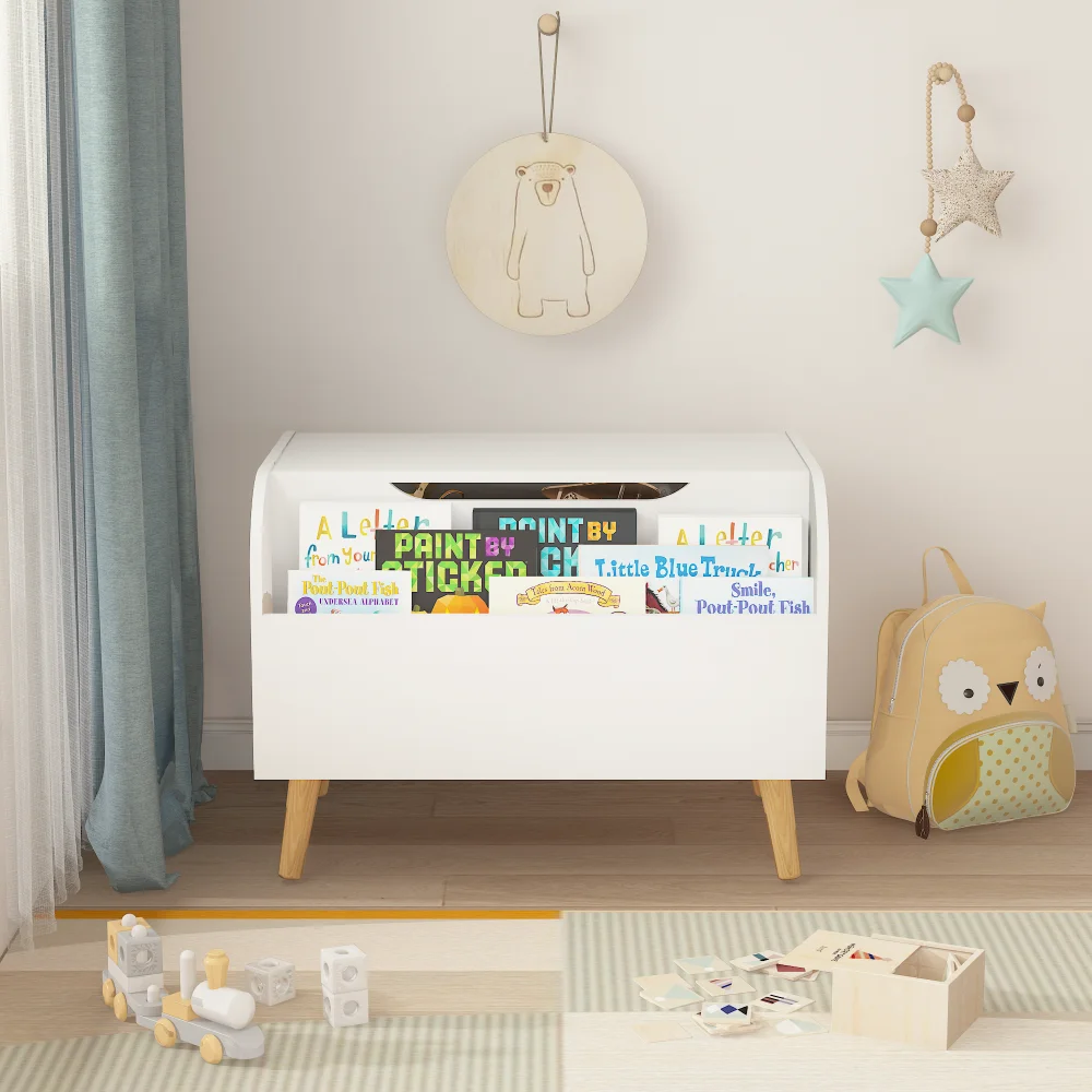 Wooden Toy Box, Kids Toy Storage Box with Front Shelf, Flip Lid, Safety Hinges, for Playroom Kids Room Organization (White)