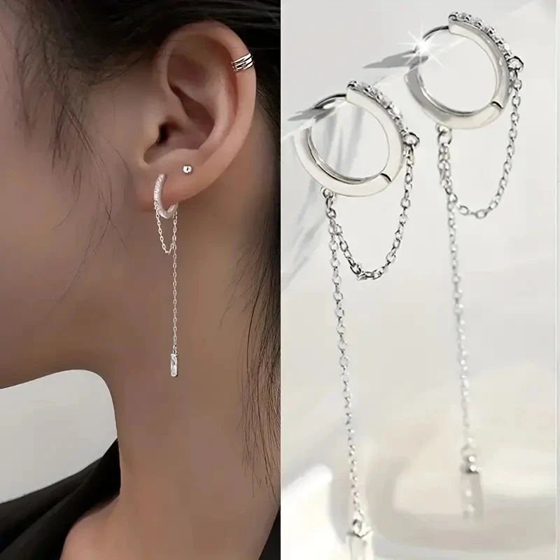 Fashionable Silvery Tassel Hoop Pendant Earrings, Exquisite Jewelry, Perfect Birthday Gift for Girls