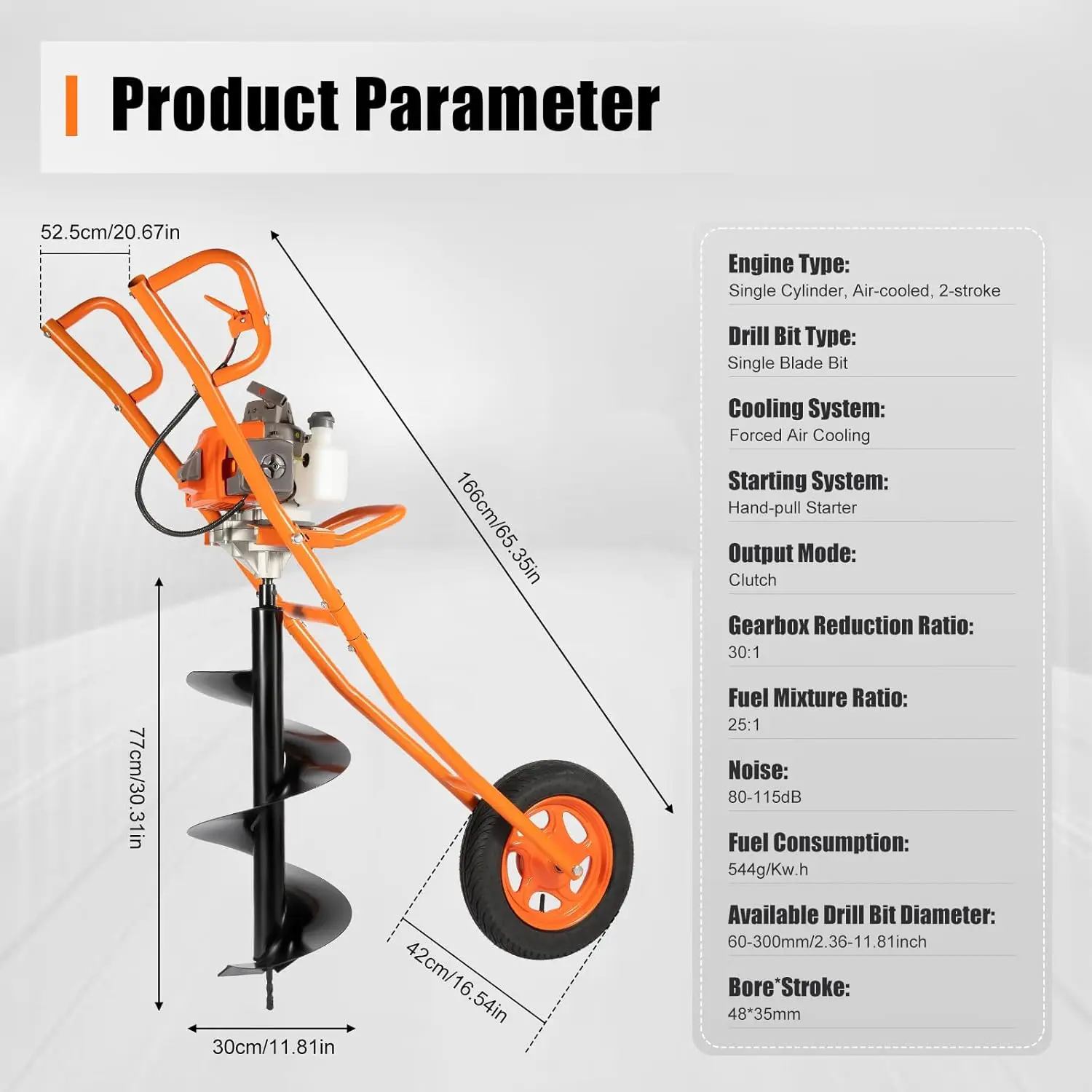 Post Hole Digger, 63Cc Gas Powered Earth Auger 2.2Kw 2-Stroke Gasoline Ground Drill Pit Digger With Wheelbarrow & Drill Bit,