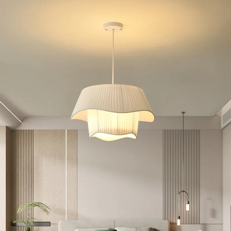 Modern Creamy Style E27 Chandelier Nordic Bedroom Pendant Lights Minimalism White Hanging Lamp Fabric Led Suspend Lamp Fixtures