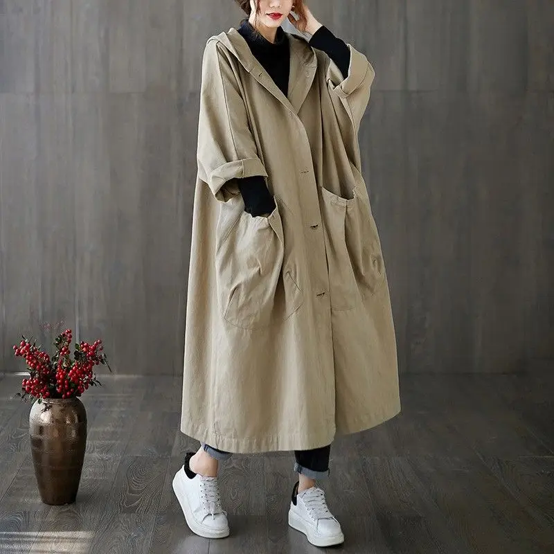 Outono solto novo estilo tamanho grande acima do joelho longo padrão grande bolso trench coat casaco feminino com capuz deslocamento pousio